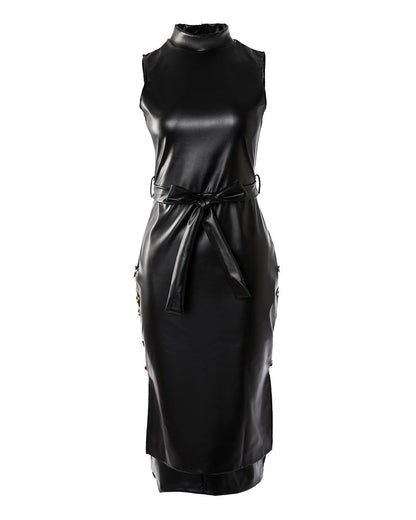 Buttoned Split Hem PU Leather Bodycon Dress