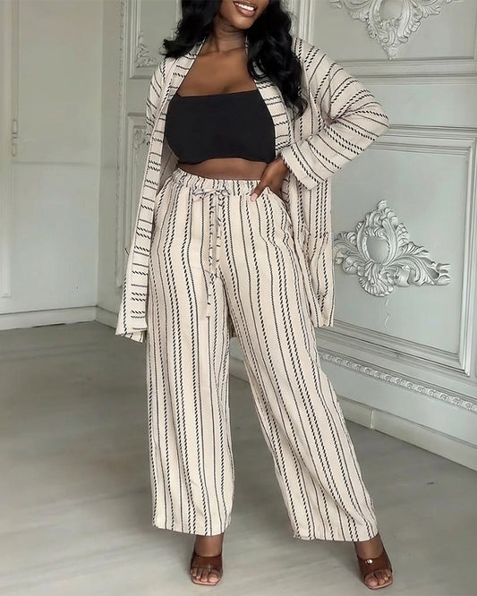 Women's Striped 2 Piece Outfits Open Front Cardigan and High Waisted Wide Leg Pants Set Casual Loungewear with Pockets