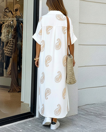 Paisley Print Short Sleeve Turn-down Collar Shirt Dress Casual Button Details Loose Fit Midi Dress