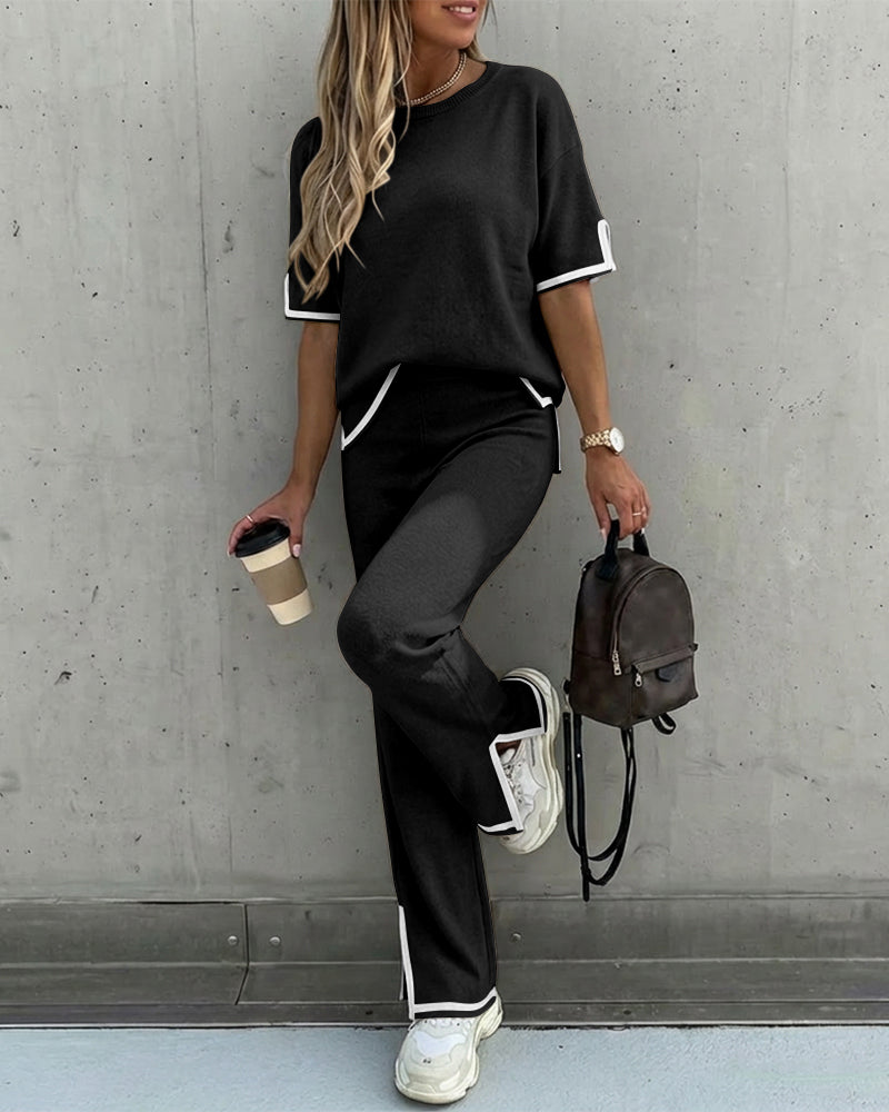 2 Pieces Outfit Round Neck Short Sleeve High-Low Hem Top and Elastic Waist Straight Leg Pants Set Casual Contrast Paneled Side Slit Knit Loungewear Set