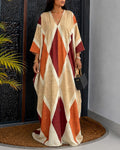 Women's Oversized Argyle Kaftan Maxi Dress V Neck Batwing Sleeve Hollow-out Beach Robe Long Dress with Pockets