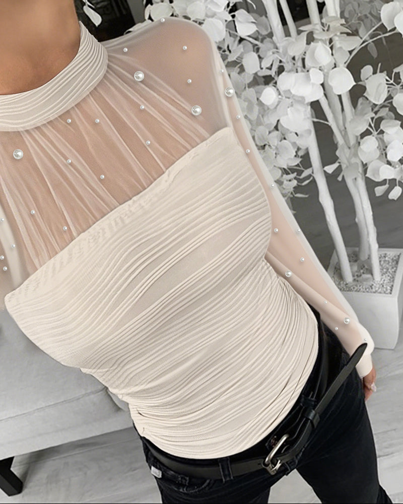 Pearls Decor High Neck Sheer Mesh Spliced Ruched Tee Hollow-out Back Slim Fit Textured Top