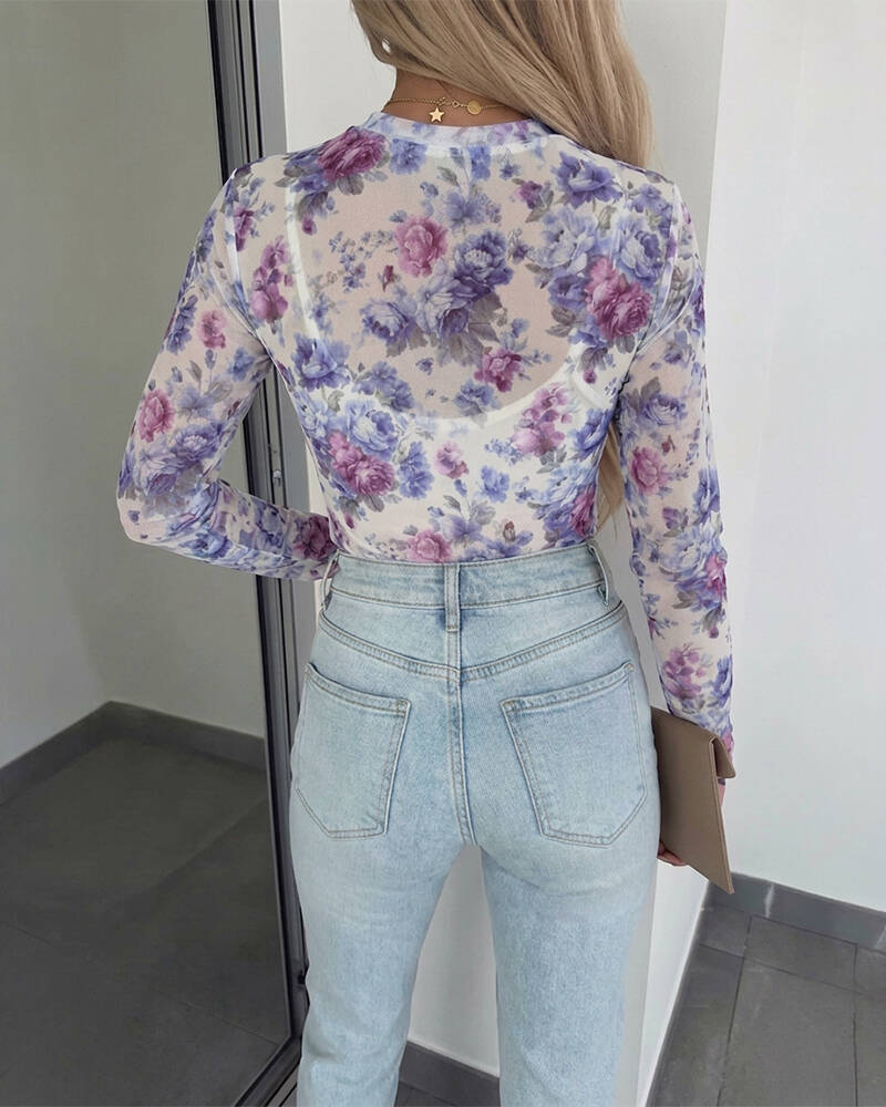 Women's Floral Mesh Long Sleeve Top Sheer O-Neck Slim Fit Blouse for Casual Streetwear & Layering