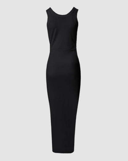 Side Slit Drawstring Ruched Bodycon Casual Sun Maxi Dresses Sleeveless Ribbed Tank Dress