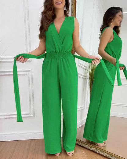 Overlap V-Neck Sleeveless Shirred Waist Overalls Casual Tie Waist Wide Leg Jumpsuit with Belt