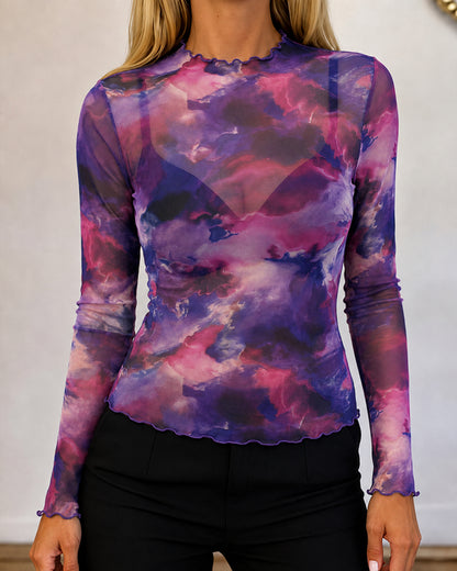 Women's Vintage Tie Dye Print Sheer Mesh Top Frill Trim Mock Neck Long Sleeve Tee
