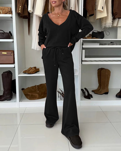 2 Pieces Outfit Plunge V Neck Pullover Sweatshirt and Casual Drawstring Waist Wide Leg Pants Set