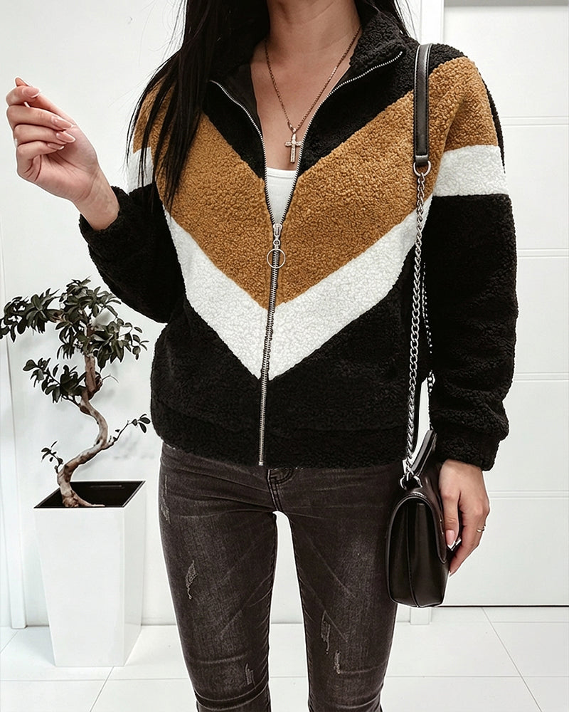 Women's Colorblock Faux Shearling Jacket Casual Zip Up Stand Collar Teddy Coat
