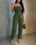 Shirred Cinched Waist Cuffed Overalls High Waist Pockets Design Bandeau Cargo Jumpsuit