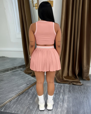 2 Pieces Outfit Round Neck Sleeveless Crop Tank Top and Elastic Waist Pleated Mini Skirt Set Casual Contrast Paneled Set