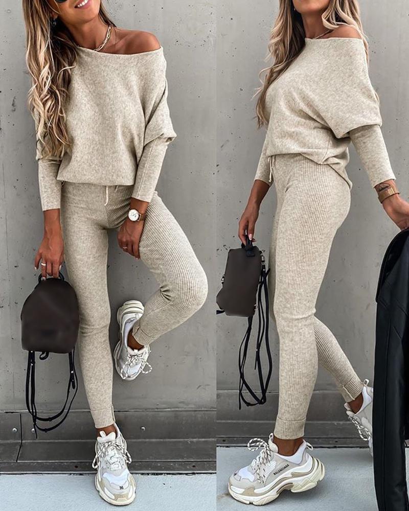 2 Pieces Outfit Skew Neck Long Sleeve Loose Pullover Top Drawstring High Waist Slim Fit Pants Set