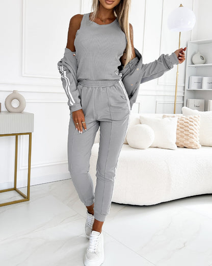 Conjunto de 3 piezas: abrigo con botones a presión delanteros, pantalones elásticos con cintura elástica, costuras delanteras y puños elásticos, y camiseta de tirantes; chándal casual con rayas laterales en contraste