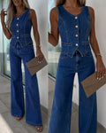 Women's Denim Set Sleeveless Button Down Crop Top and High Waist Straight Leg Jeans Casual Matching Set
