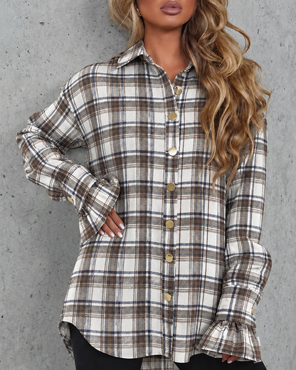 Women's Vintage Plaid Flared Ruffle Cuff Mid-Length Shirt with Elastic Belt