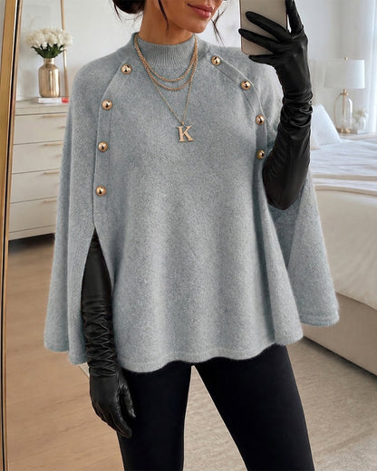 Suéter de punto holgado para mujer con cuello alto simulado, estilo «old money», capa, abertura lateral y mangas murciélago, cálido y acogedor para invierno