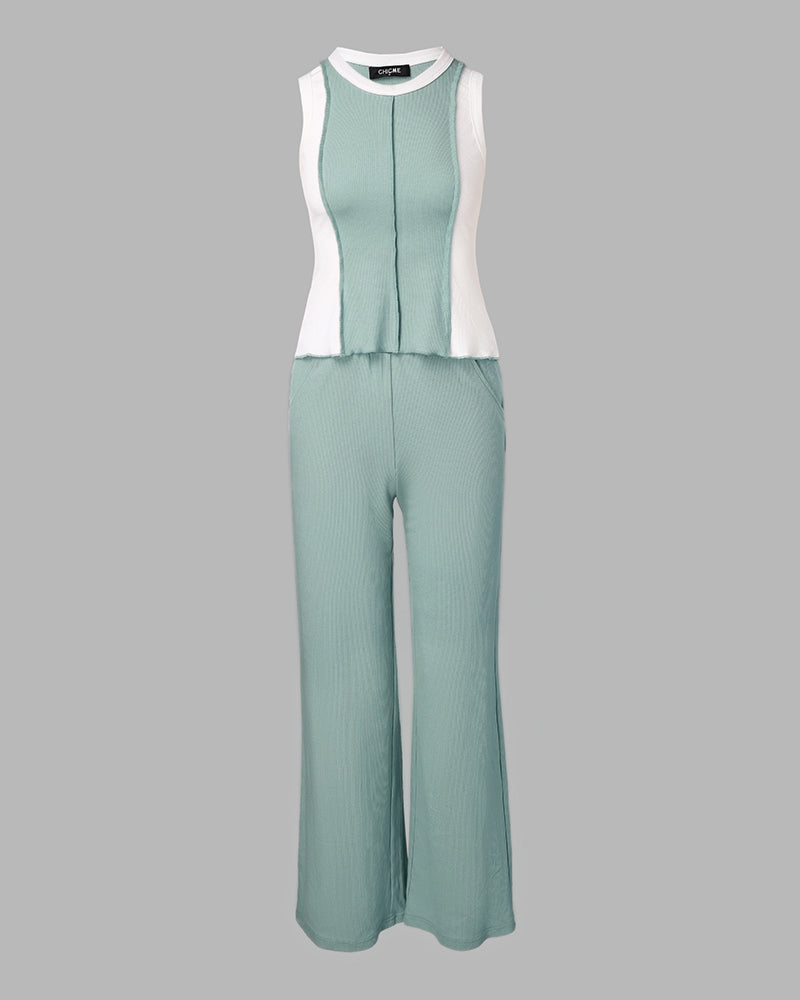 2 Pieces Outfit O-neck Slim Fit Tank Top and Drawstring Elastic Waist Straight Leg Pants Set Casual Colorblock Ribbed Set