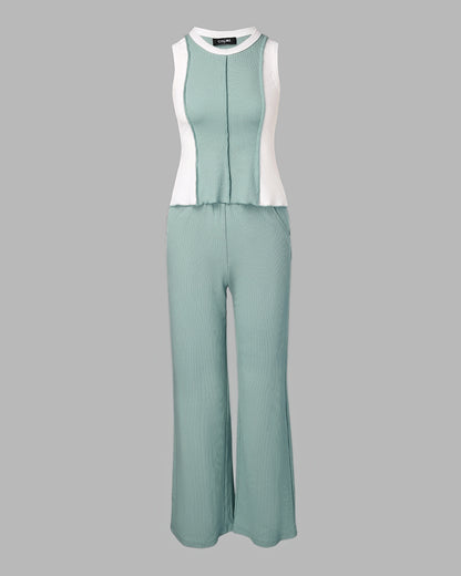 2 Pieces Outfit O-neck Slim Fit Tank Top and Drawstring Elastic Waist Straight Leg Pants Set Casual Colorblock Ribbed Set