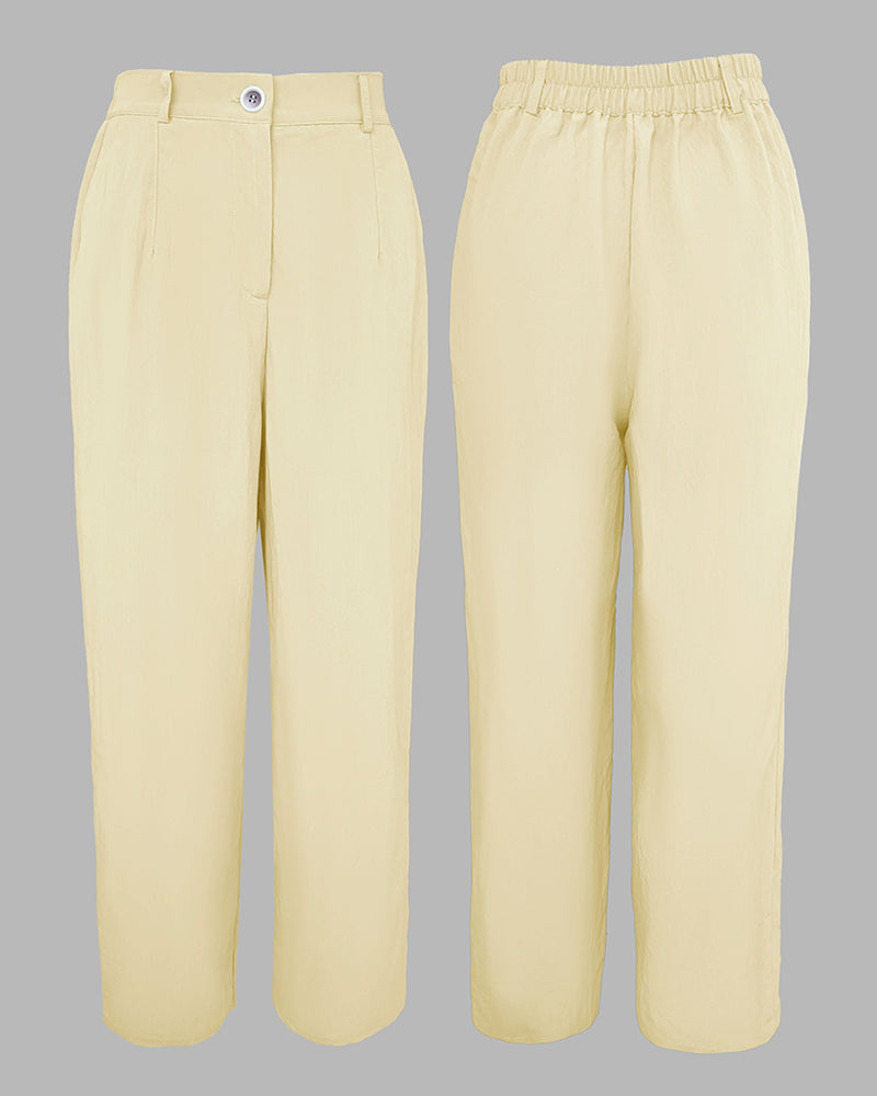 2 Pieces Outfit Turn-down Collar Turn-Up Sleeves Button Front Flap Pockets Design Top and Causal Zipper Fly Elastic Back Waist Wide Leg Pants Set