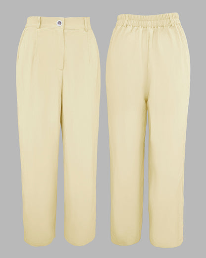 2 Pieces Outfit Turn-down Collar Turn-Up Sleeves Button Front Flap Pockets Design Top and Causal Zipper Fly Elastic Back Waist Wide Leg Pants Set