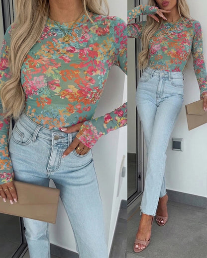 Women's Floral Print Sheer Mesh Top Long Sleeve Slim Fit Crewneck Layering Top with Thumb Hole Cuffs