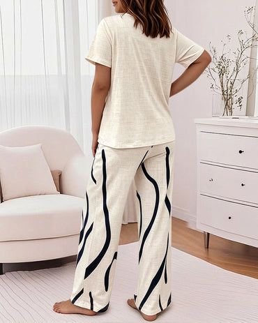 Women's 2 Piece Pajama Set Heart & Letter Top and High Waisted Abstract Print Pants Casual Loungewear with Pockets