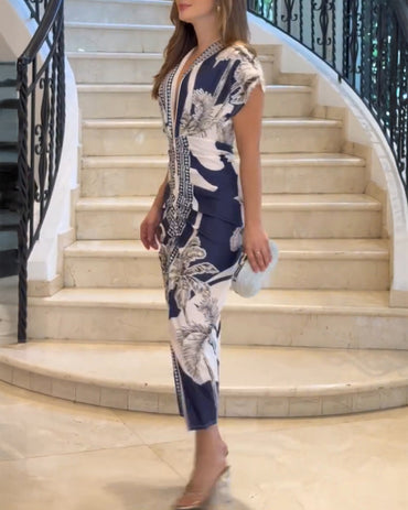 Tropical Print Deep V Neck Ruched Waist Gathered Dress Front Slit Slim Fit Vacation Dress