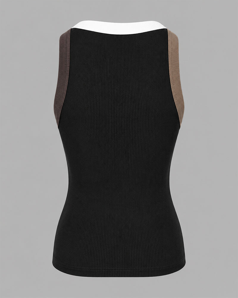 Women's Contrast Binding Tank Top Ribbed Knit Sleeveless Scoop Neck Slim Fit Camisole Top with Built-in Bra