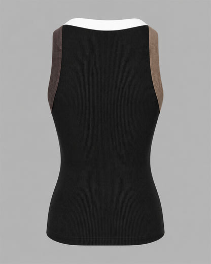 Women's Contrast Binding Tank Top Ribbed Knit Sleeveless Scoop Neck Slim Fit Camisole Top with Built-in Bra