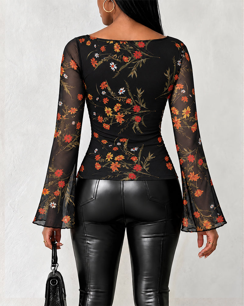 Women's Vintage Floral Mesh Cowl Neck Ruched Side Flare Long Sleeve Top