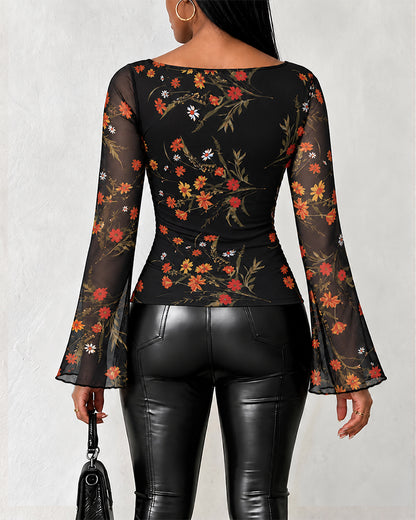 Women's Vintage Floral Mesh Cowl Neck Ruched Side Flare Long Sleeve Top