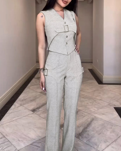 2 Pieces Outfit Sleeveless Button Front Buckle Design Vest and Casual High Waist Slim Fit Pants Set