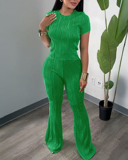 2 Pieces Outfit Round Neck Short Sleeve Crop Top and Elastic Waist Flared Pants Set Slim Fit Textured Set (Multiple Colors Available)