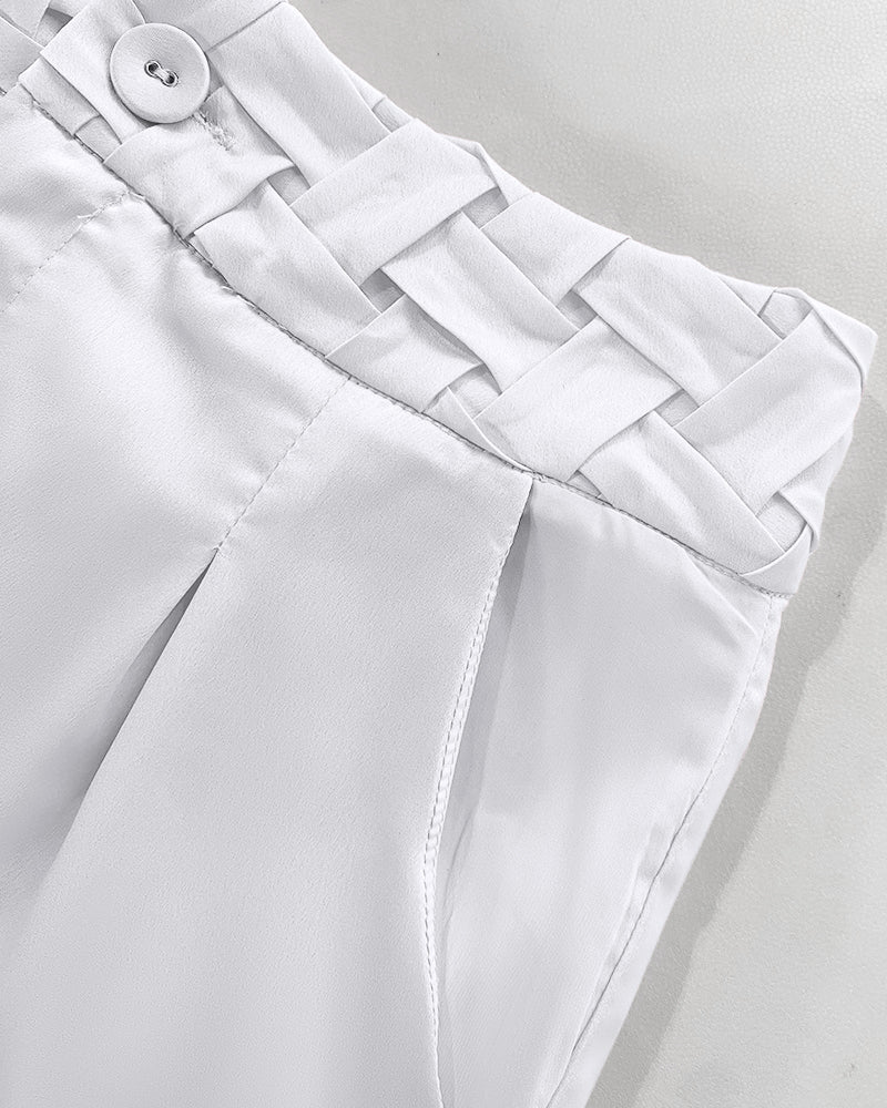 2 Pieces Outfit Weaving Textured Spaghetti Strap Crop Top and Casual Wide Leg Pants Set