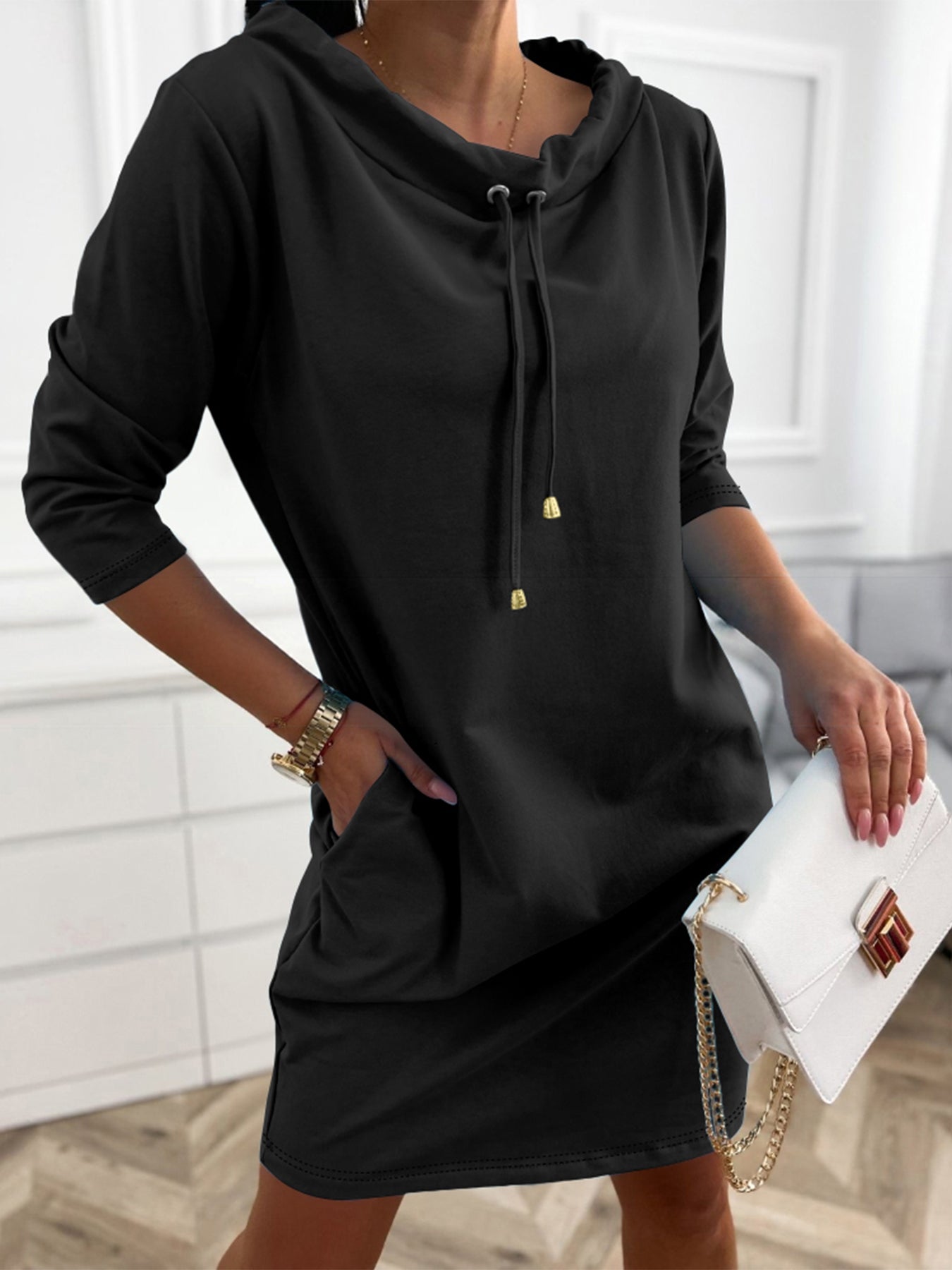 Stand Collar Drawstring Three Quarters Sleeve Casual Sweatshirt Dress