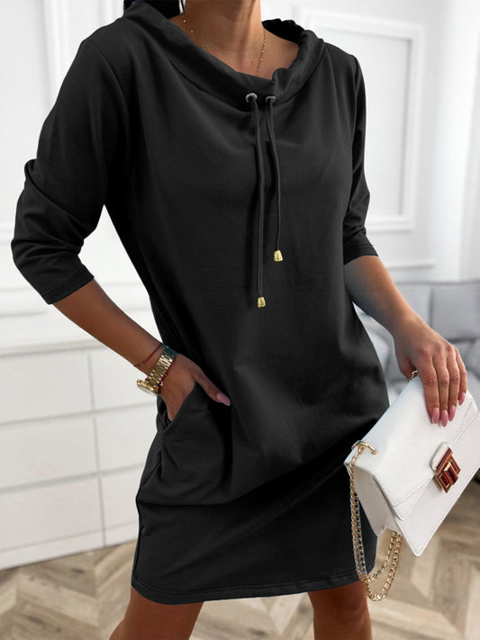 Stand Collar Drawstring Three Quarters Sleeve Casual Sweatshirt Dress
