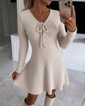 Women's V Neck Drawstring Long Sleeve Ribbed A Line Mini Dress