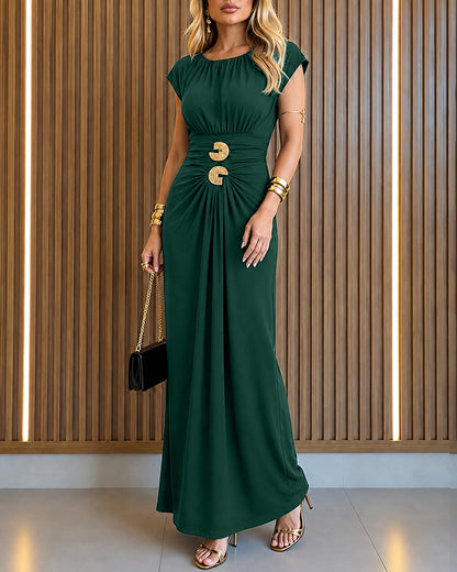 Women's Boat Neck Ruched Maxi Dress Gold Buckle Cap Sleeve Formal Evening Gown