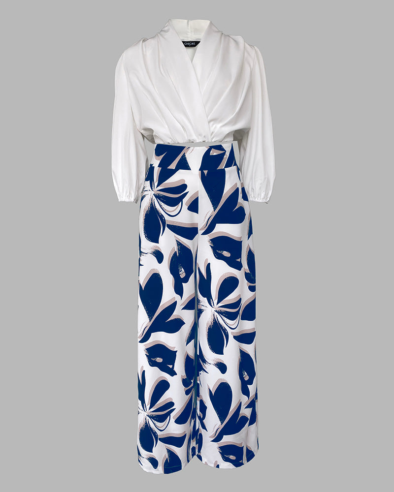 2 Pieces Outfit Wrap Plunge V Neck Crop Blouse and Casual Floral Print Wide Leg Pants Set