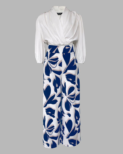 2 Pieces Outfit Wrap Plunge V Neck Crop Blouse and Casual Floral Print Wide Leg Pants Set