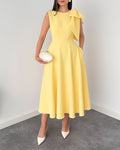 Women's Bowknot A Line Midi Dress Sleeveless Crewneck High Waist Party Dress Elegant Evening Gown