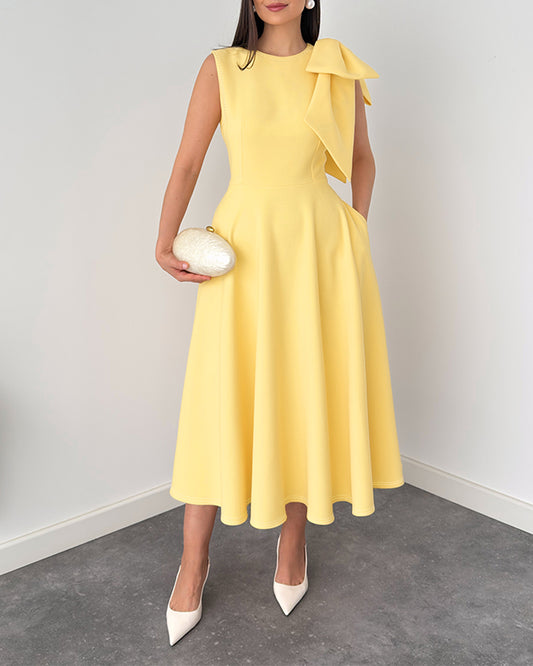 Women's Bowknot A Line Midi Dress Sleeveless Crewneck High Waist Party Dress Elegant Evening Gown