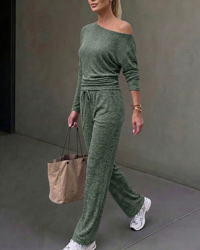 Ensemble 2 pièces femme : top froncé à encolure bateau modulable et manches longues et pantalon large à cordon de serrage