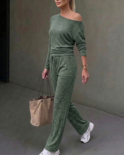 Ensemble 2 pièces femme : top froncé à encolure bateau modulable et manches longues et pantalon large à cordon de serrage