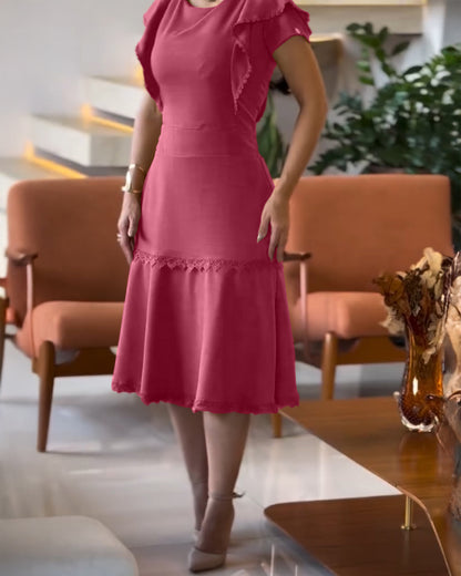 Butterfly Sleeve Hollow-out Back Shirred Work Dress Casual Cinched Waist Lace Trim Ruffle Hem Dress