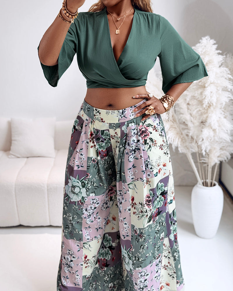 Twisted Crop Top & Floral Print Wide Leg Pants Set