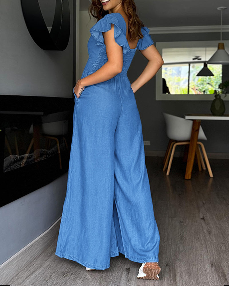 V-Neck Flutter Sleeve Cinched Waist Wide Leg Denim Look Overalls Casual High Waist Backless Shirred Back Jumpsuit