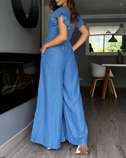 V-Neck Flutter Sleeve Cinched Waist Wide Leg Denim Look Overalls Casual High Waist Backless Shirred Back Jumpsuit