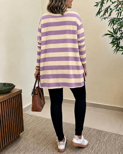 Women's Striped T Shirt Long Sleeve Drop Shoulder Crewneck Tee Side Slit Casual Loose Fit Top