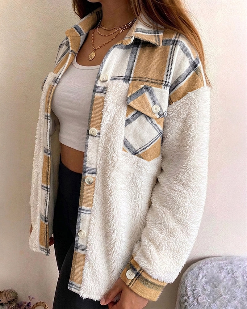 Veste polaire à carreaux pour femmes, veste décontractée à manches longues boutonnée en fausse peau de mouton