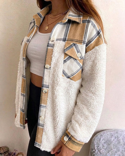 Veste polaire à carreaux pour femmes, veste décontractée à manches longues boutonnée en fausse peau de mouton